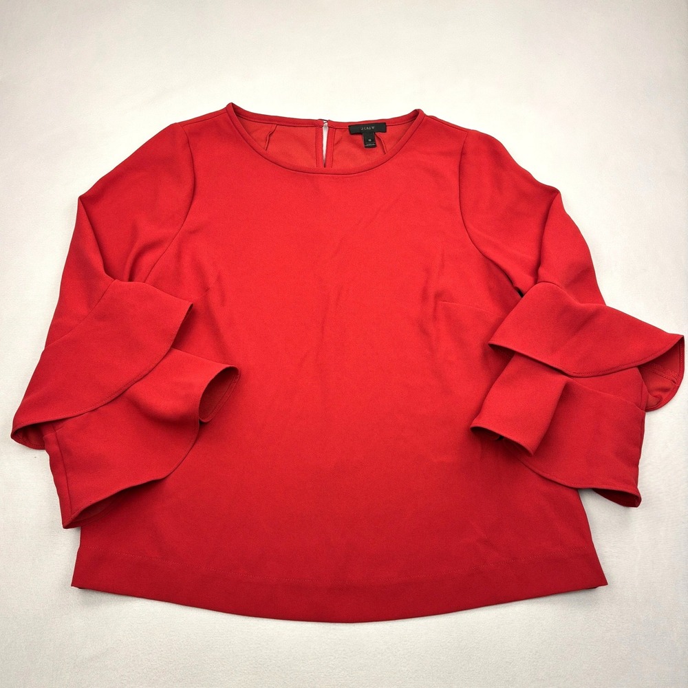 JCrew Tiered Bell Sleeve Top Womens 10 Red Drapey Crepe Blouse Shirt H2197
